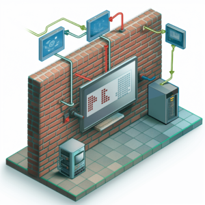a 2D diagram with a transparent background featuring a realistic brick wall as an IT firewall. The brick wall acts as a clear division between the internal office system on the left, including computers and servers, and external internet threats on the right, represented by icons for viruses, hackers, and malware. Use arrows and labels to illustrate how the firewall blocks these threats. The design should be simple and clean, emphasizing the realistic brick wall as a strong protective barrier.